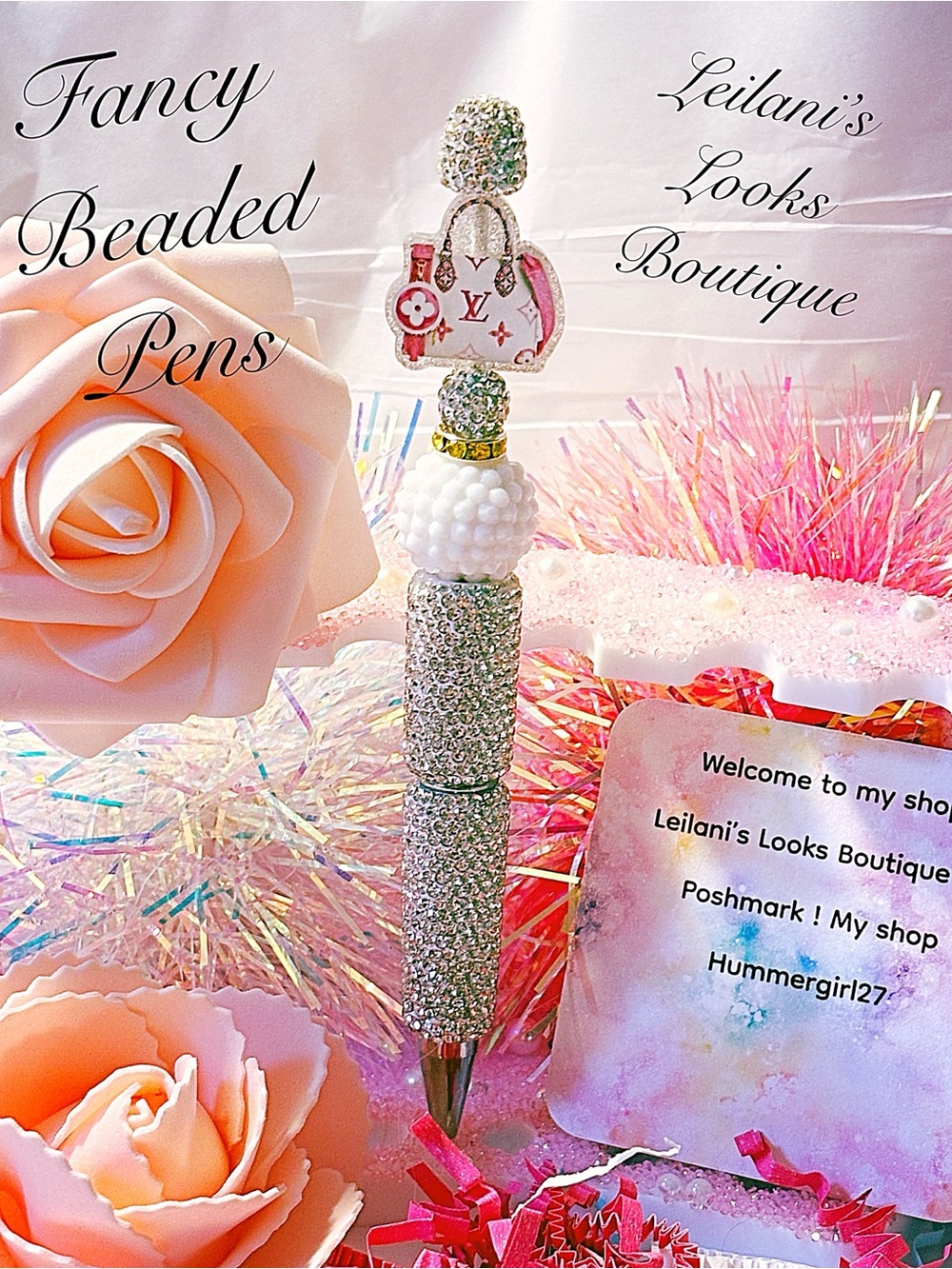 Fancy beaded Pen/gifts/white beads/multicolor purse/girly